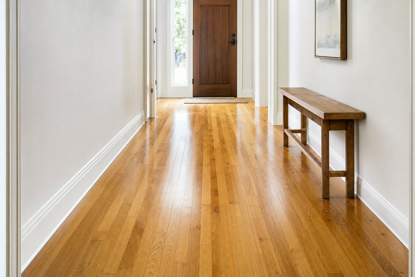 A hallway with a newly refinished honey-toned oak floor