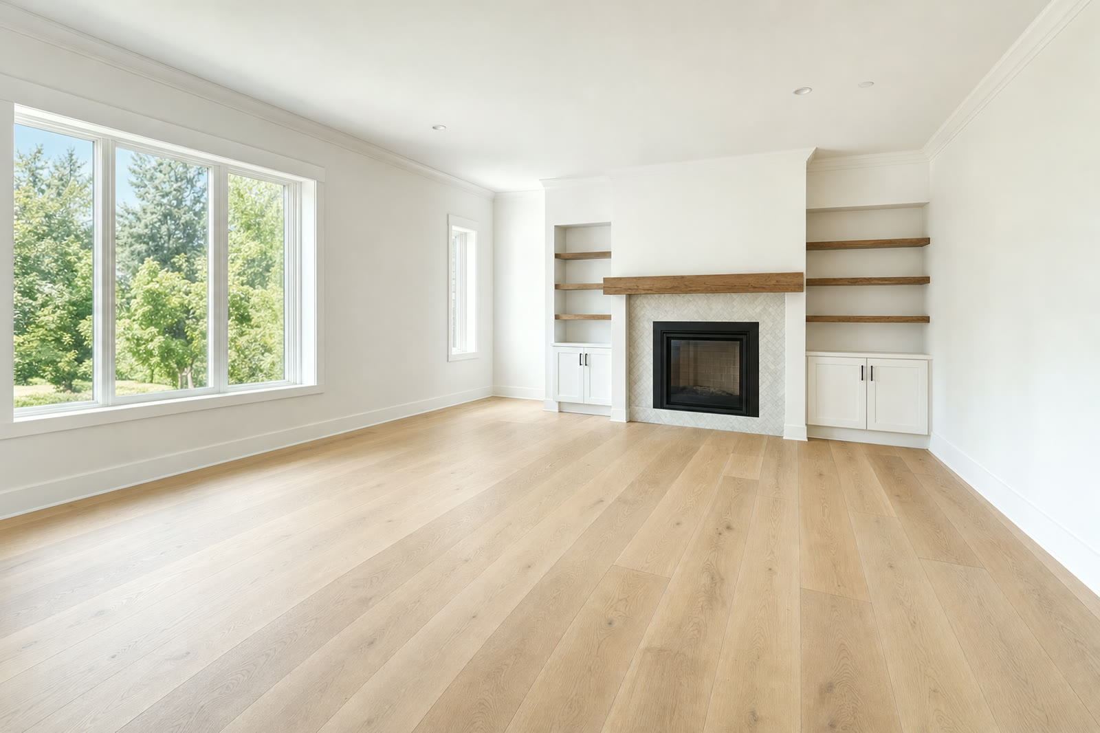 A family room with a newly laid wide-plank white oak floor