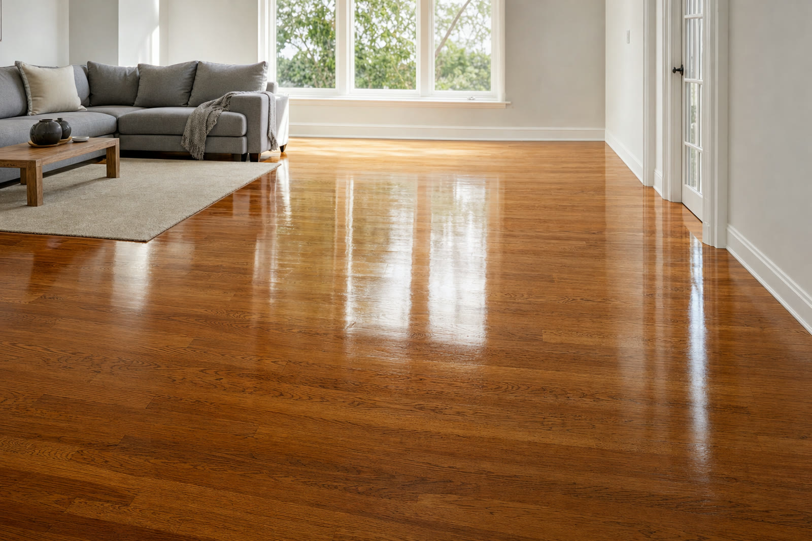 A living room oak floor with a fresh glossy finish