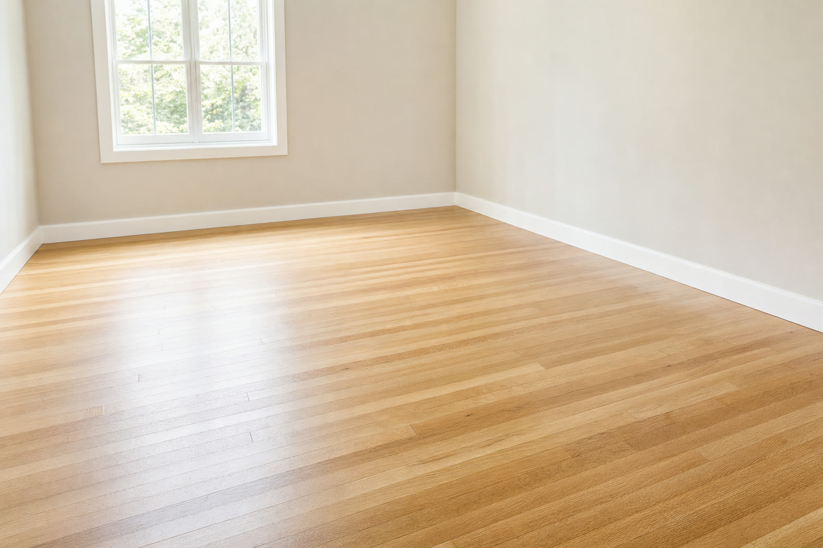 An empty bedroom with a newly refinished light oak floor