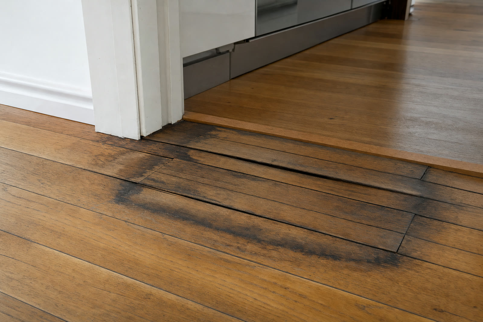 Water-stained, cupped oak floor boards near a doorway